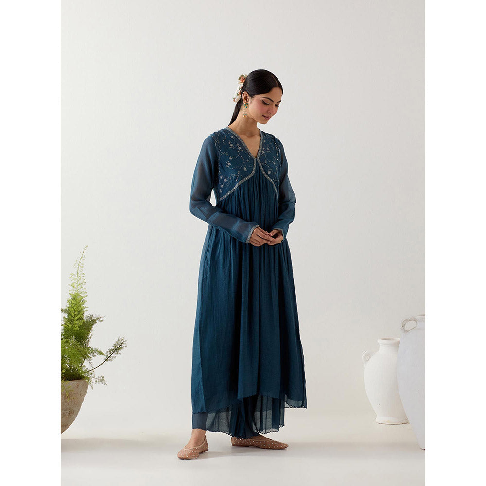 Tatwa Designs Navy Blue Midnight Anarkali Kurta with Sharara and Slip (Set of 3)