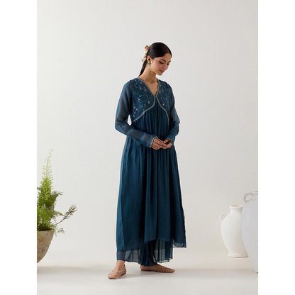 Tatwa Designs Navy Blue Midnight Anarkali Kurta with Sharara and Slip (Set of 3)