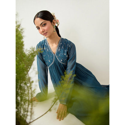 Tatwa Designs Navy Blue Midnight Anarkali Kurta with Sharara and Slip (Set of 3)