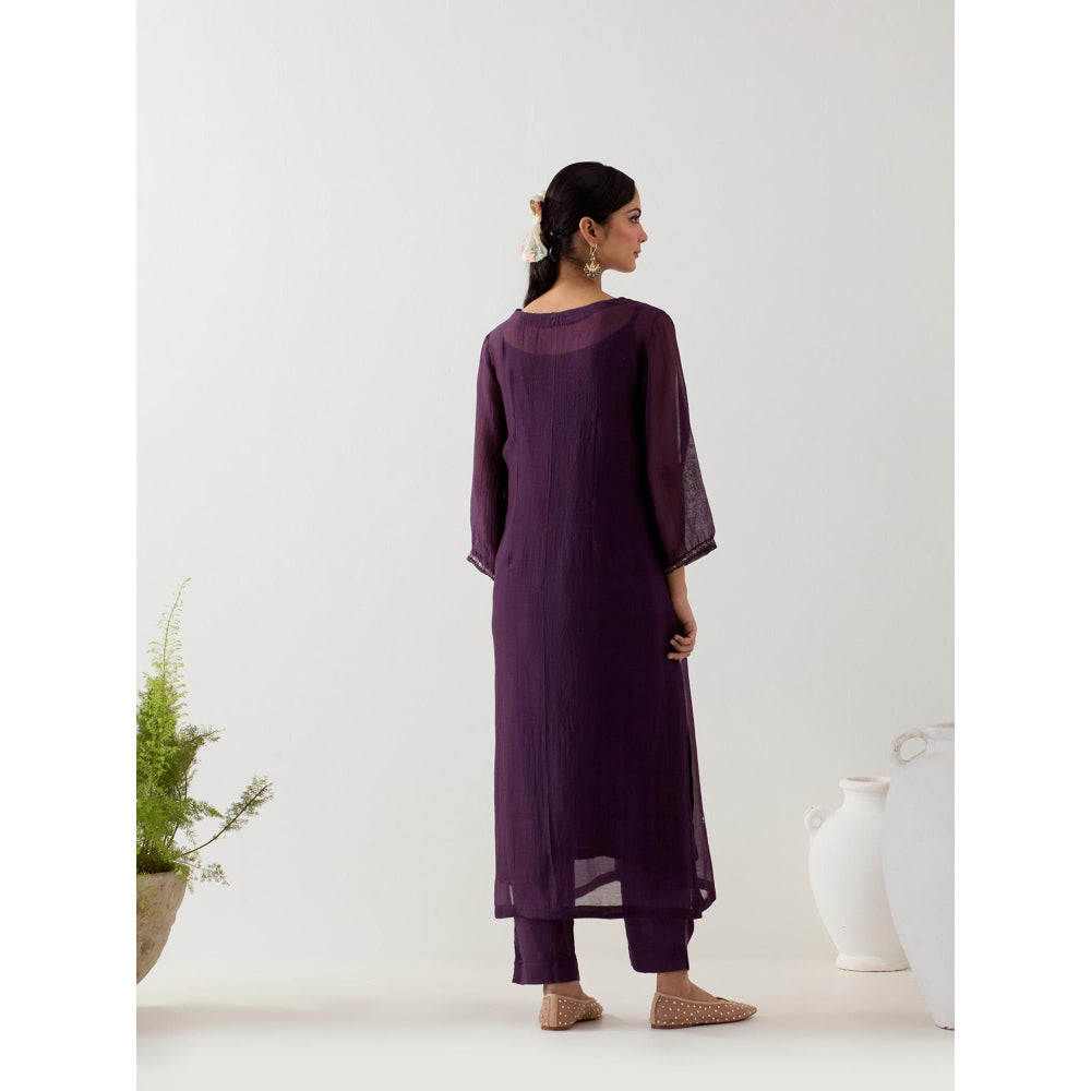 Tatwa Designs Purple Mughal Buta Kurta with Pant and Slip (Set of 3)