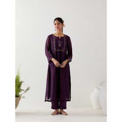 Tatwa Designs Purple Mughal Buta Kurta with Pant and Slip (Set of 3)
