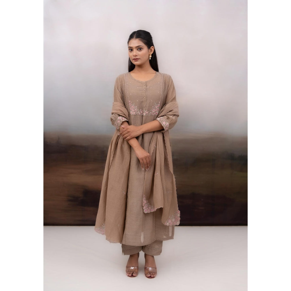 Tatwa Designs Chiku Beaded Bageecha Brown Kurta with Pant and Dupatta (Set of 3)