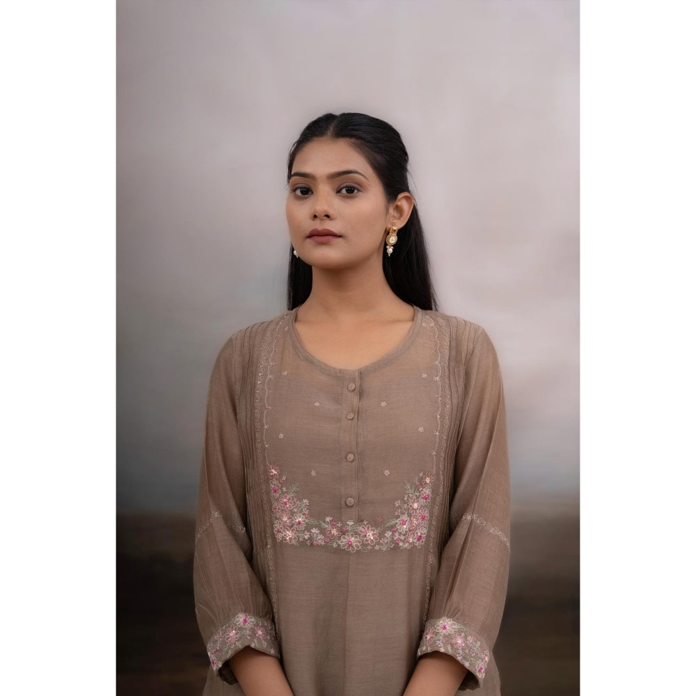 Tatwa Designs Chiku Beaded Bageecha Brown Kurta with Pant and Dupatta (Set of 3)