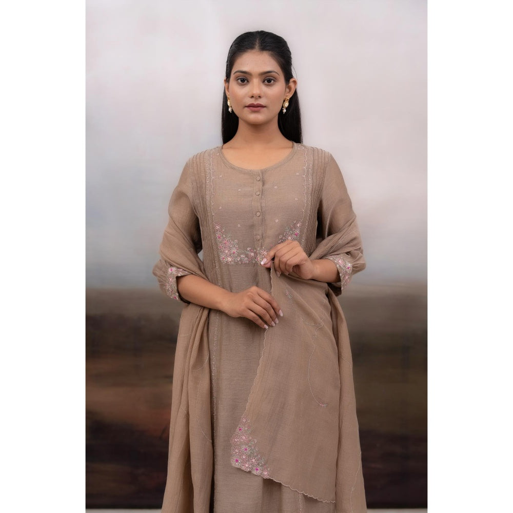 Tatwa Designs Chiku Beaded Bageecha Brown Kurta with Pant and Dupatta (Set of 3)