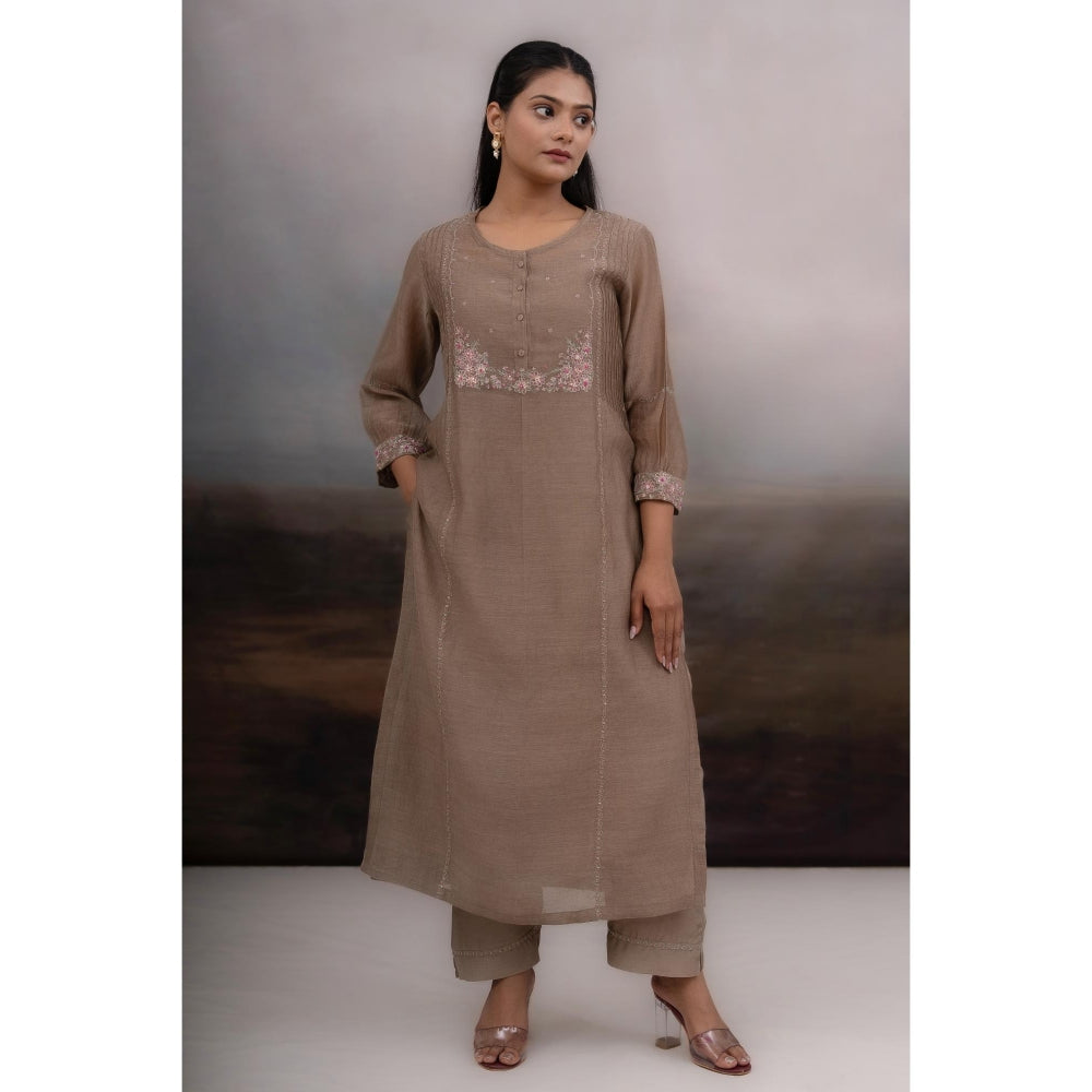 Tatwa Designs Chiku Beaded Bageecha Brown Kurta with Pant and Dupatta (Set of 3)