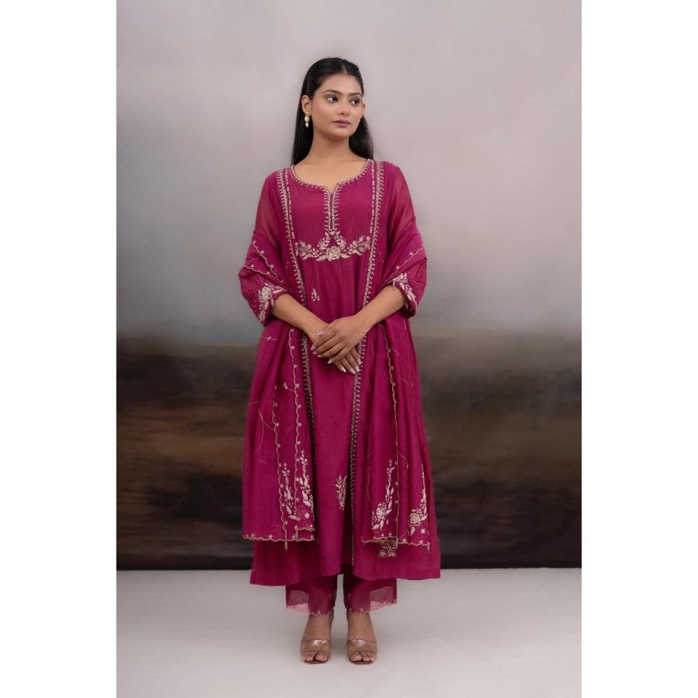Tatwa Designs Rani Pink Gold Rose Anarkali Kurta With Pant and Dupatta (Set of 3)