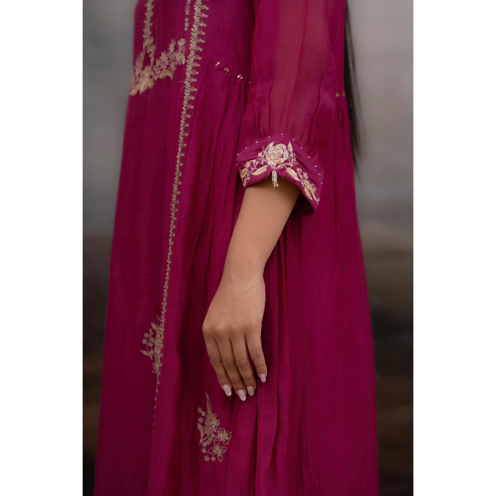 Tatwa Designs Rani Pink Gold Rose Anarkali Kurta With Pant and Dupatta (Set of 3)
