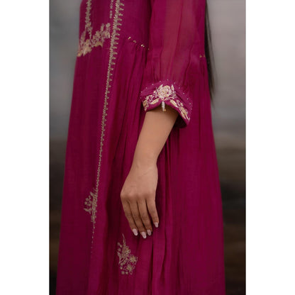 Tatwa Designs Rani Pink Gold Rose Anarkali Kurta With Pant and Dupatta (Set of 3)