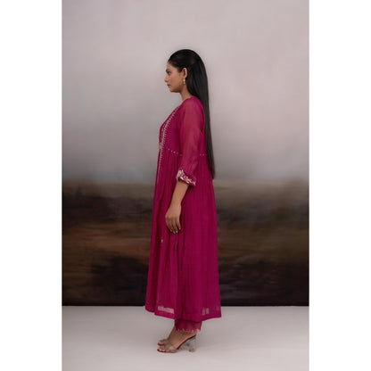 Tatwa Designs Rani Pink Gold Rose Anarkali Kurta With Pant and Dupatta (Set of 3)