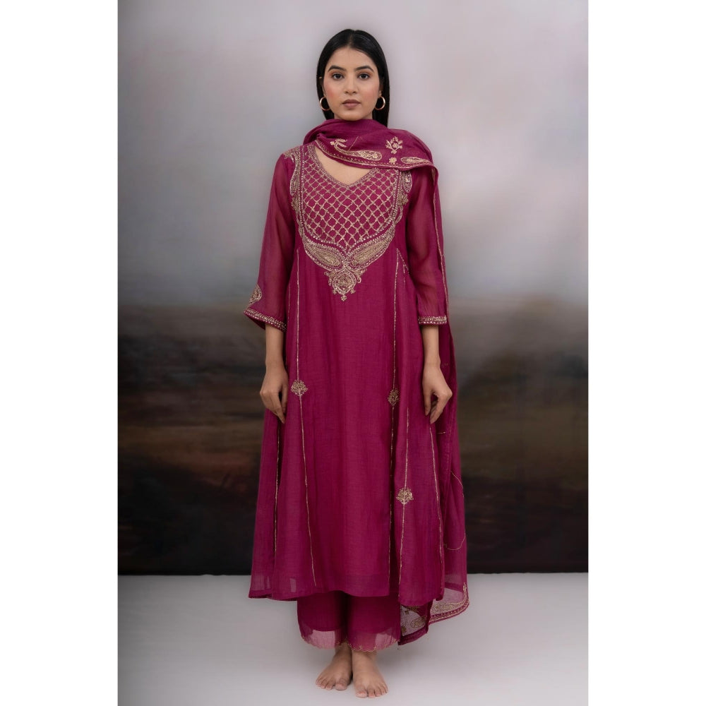 Tatwa Designs Magenta Desert Palm Kurta with Pant and Dupatta (Set of 3)