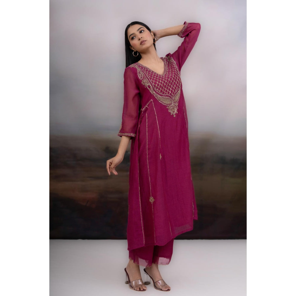 Tatwa Designs Magenta Desert Palm Kurta with Pant and Dupatta (Set of 3)