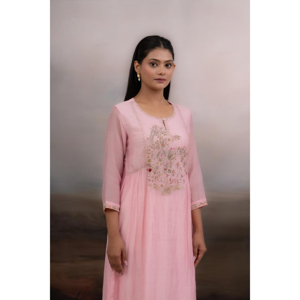 Tatwa Designs Blush Pink Faliing Star Anarkali Kurta with Pant and Dupatta (Set of 3)