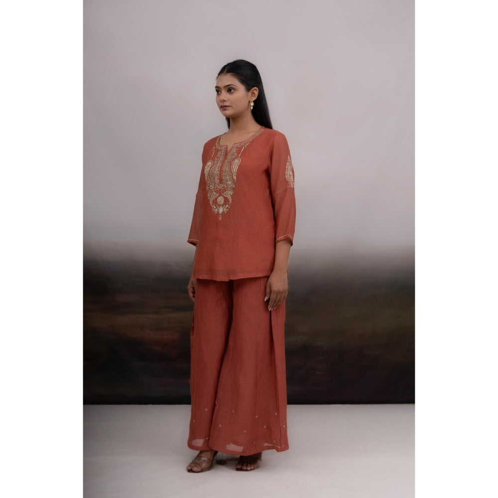 Tatwa Designs Rust Madder Kurti And Palazzo With Dupatta (Set of 3)