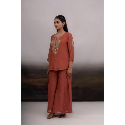 Tatwa Designs Rust Madder Kurti And Palazzo With Dupatta (Set of 3)