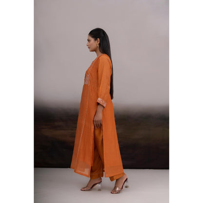 Tatwa Designs Rust Orange Beaded Bageecha Kurta with Pant and Dupatta (Set of 3)