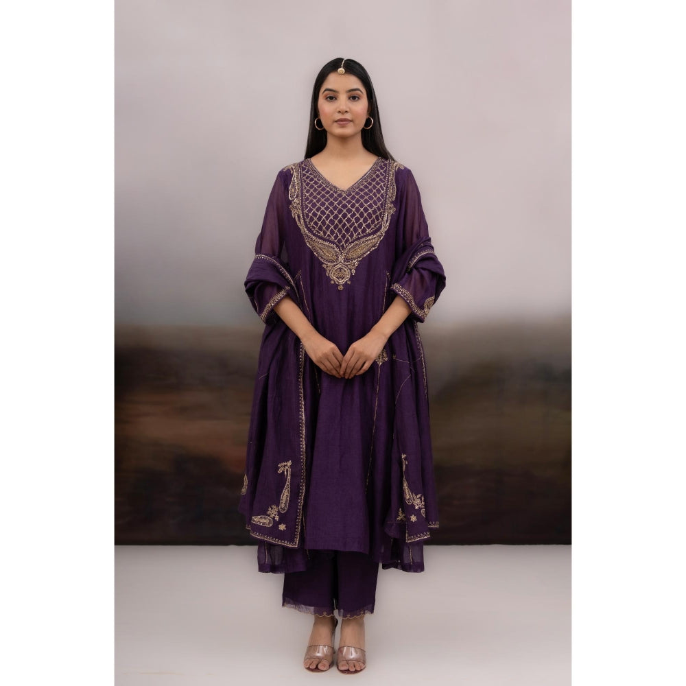 Tatwa Designs Purple Ambia Anarkali Kurta with Pant and Dupatta (Set of 3)