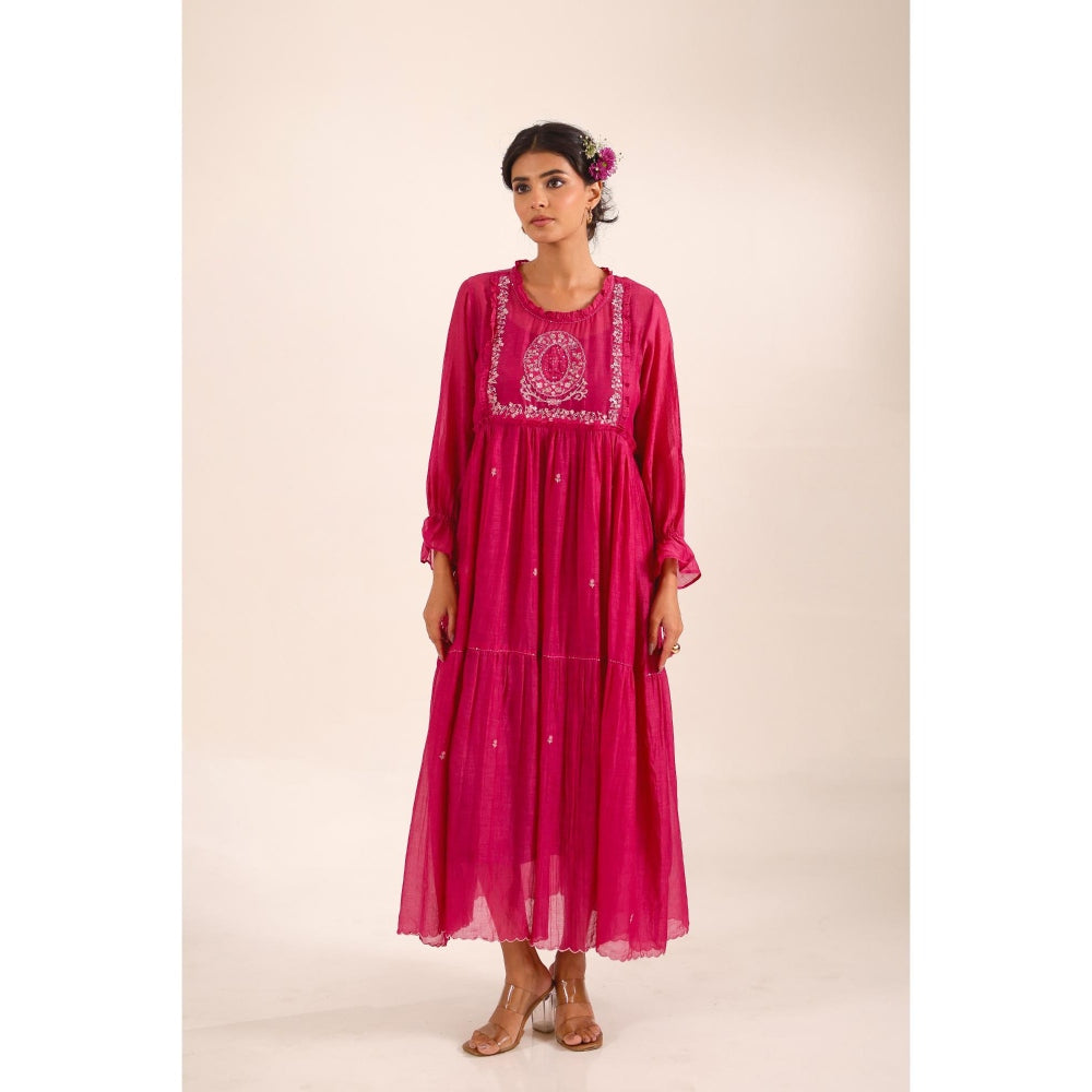 Tatwa Designs Women Pink Chanderi Embroidered Midi Dress