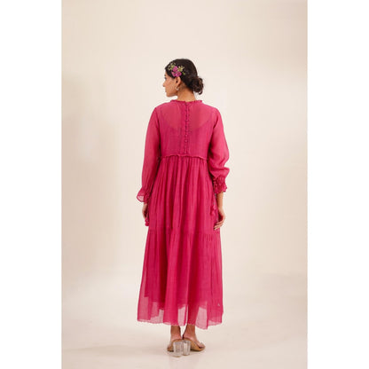 Tatwa Designs Women Pink Chanderi Embroidered Midi Dress