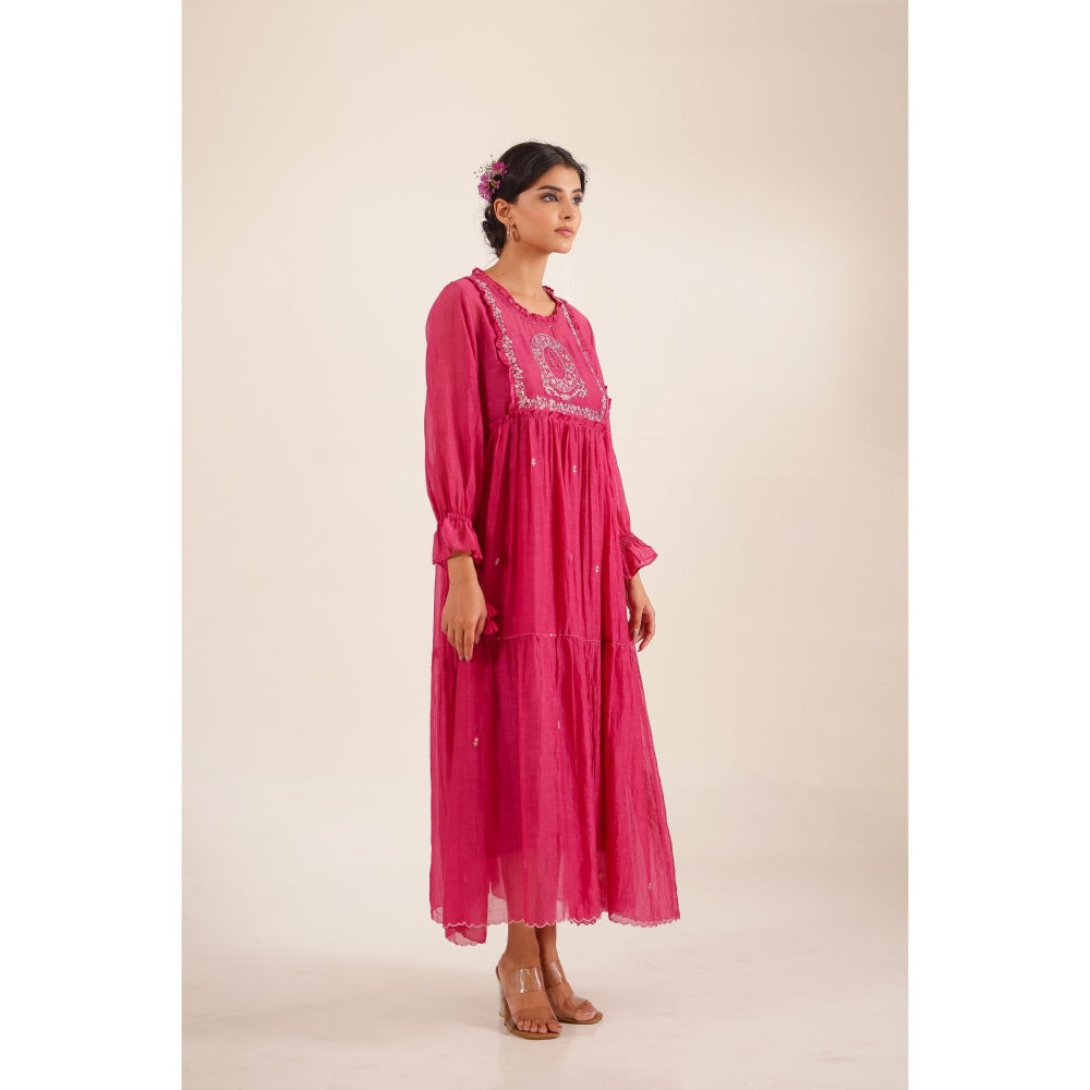 Tatwa Designs Women Pink Chanderi Embroidered Midi Dress