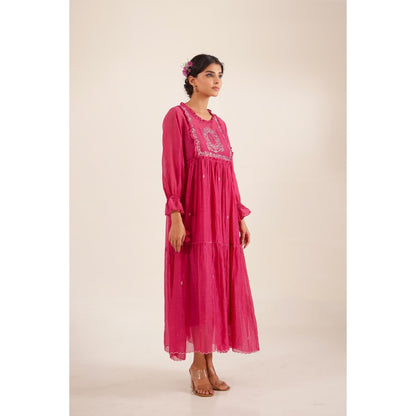 Tatwa Designs Women Pink Chanderi Embroidered Midi Dress