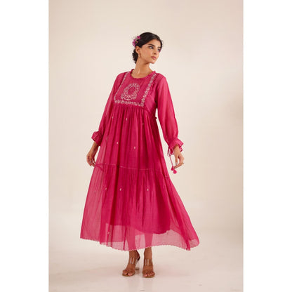 Tatwa Designs Women Pink Chanderi Embroidered Midi Dress