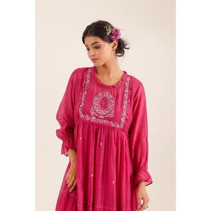 Tatwa Designs Women Pink Chanderi Embroidered Midi Dress