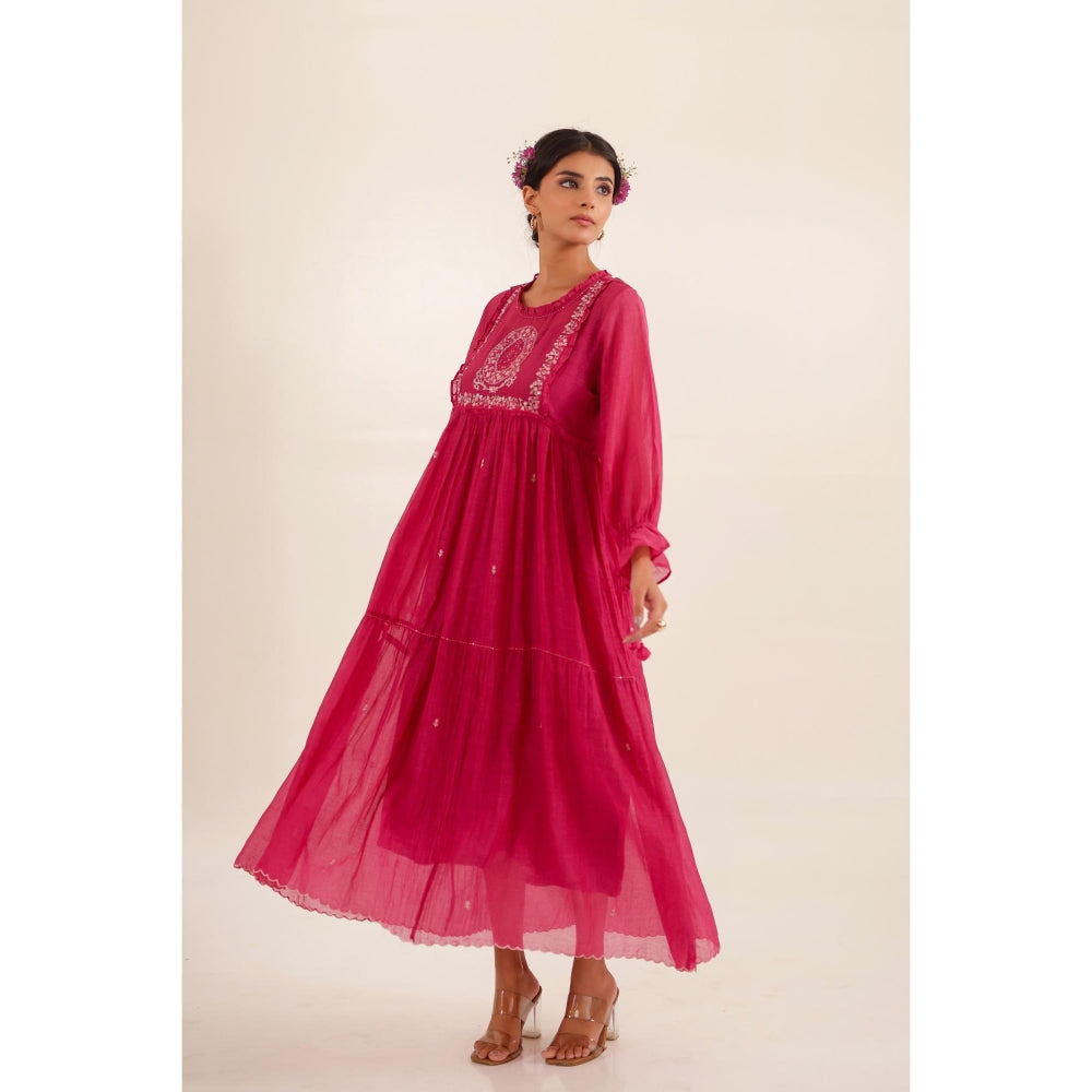 Tatwa Designs Women Pink Chanderi Embroidered Midi Dress
