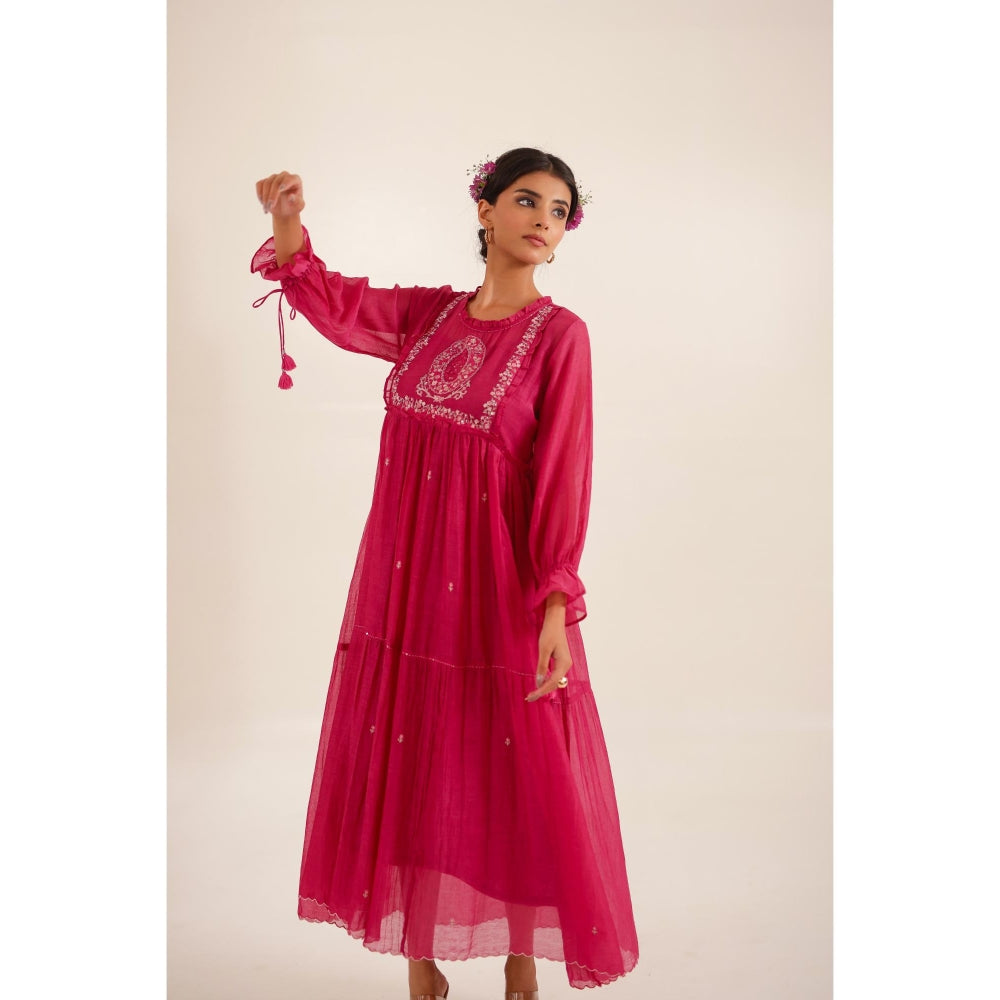 Tatwa Designs Women Pink Chanderi Embroidered Midi Dress