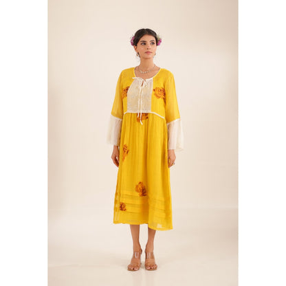 Tatwa Designs Women Mustard Chanderi Floral Midi Dress