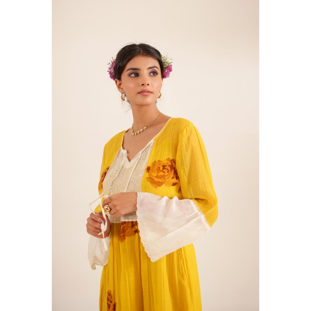 Tatwa Designs Women Mustard Chanderi Floral Midi Dress