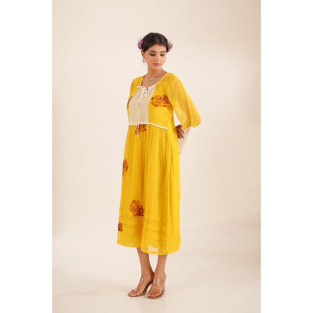 Tatwa Designs Women Mustard Chanderi Floral Midi Dress