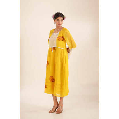 Tatwa Designs Women Mustard Chanderi Floral Midi Dress