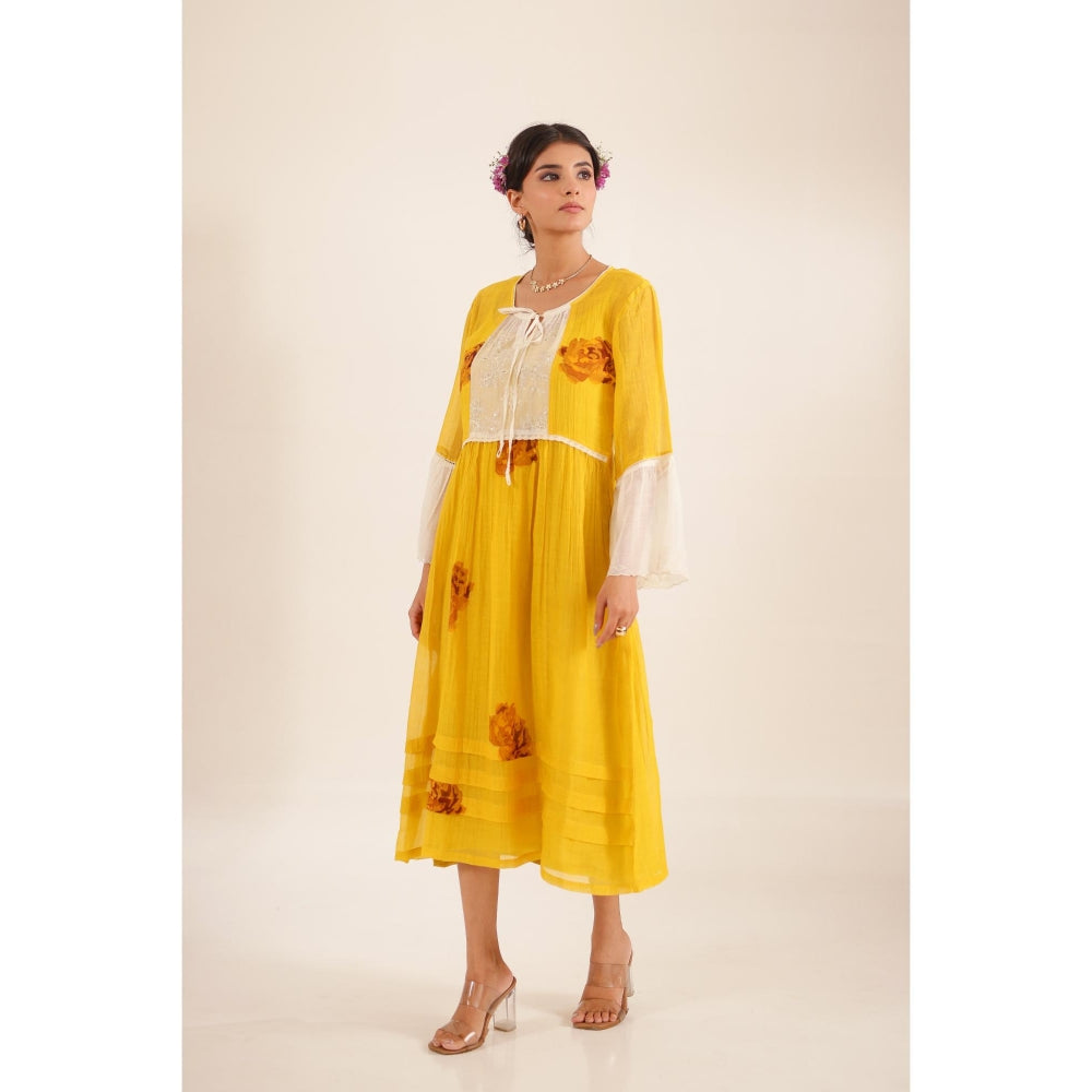 Tatwa Designs Women Mustard Chanderi Floral Midi Dress
