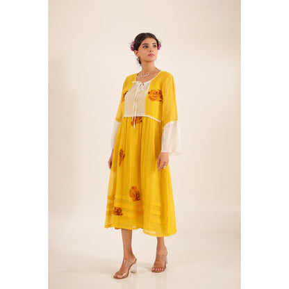 Tatwa Designs Women Mustard Chanderi Floral Midi Dress