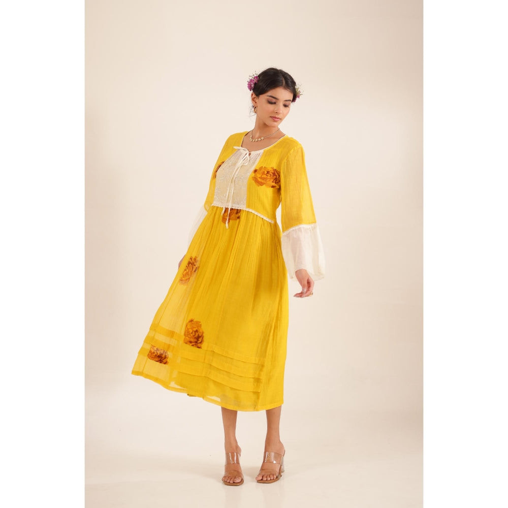 Tatwa Designs Women Mustard Chanderi Floral Midi Dress