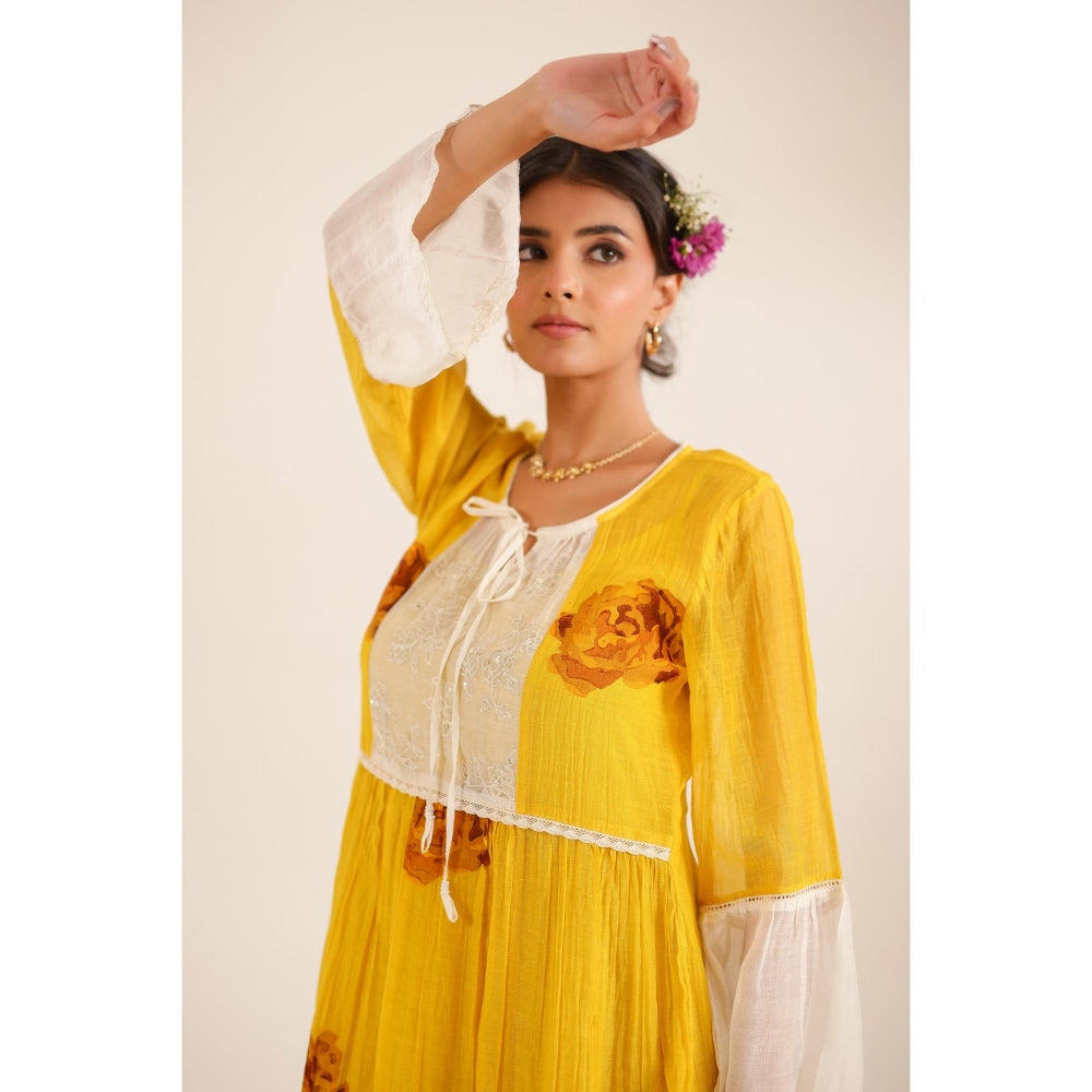 Tatwa Designs Women Mustard Chanderi Floral Midi Dress