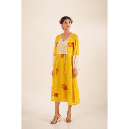 Tatwa Designs Women Mustard Chanderi Floral Midi Dress