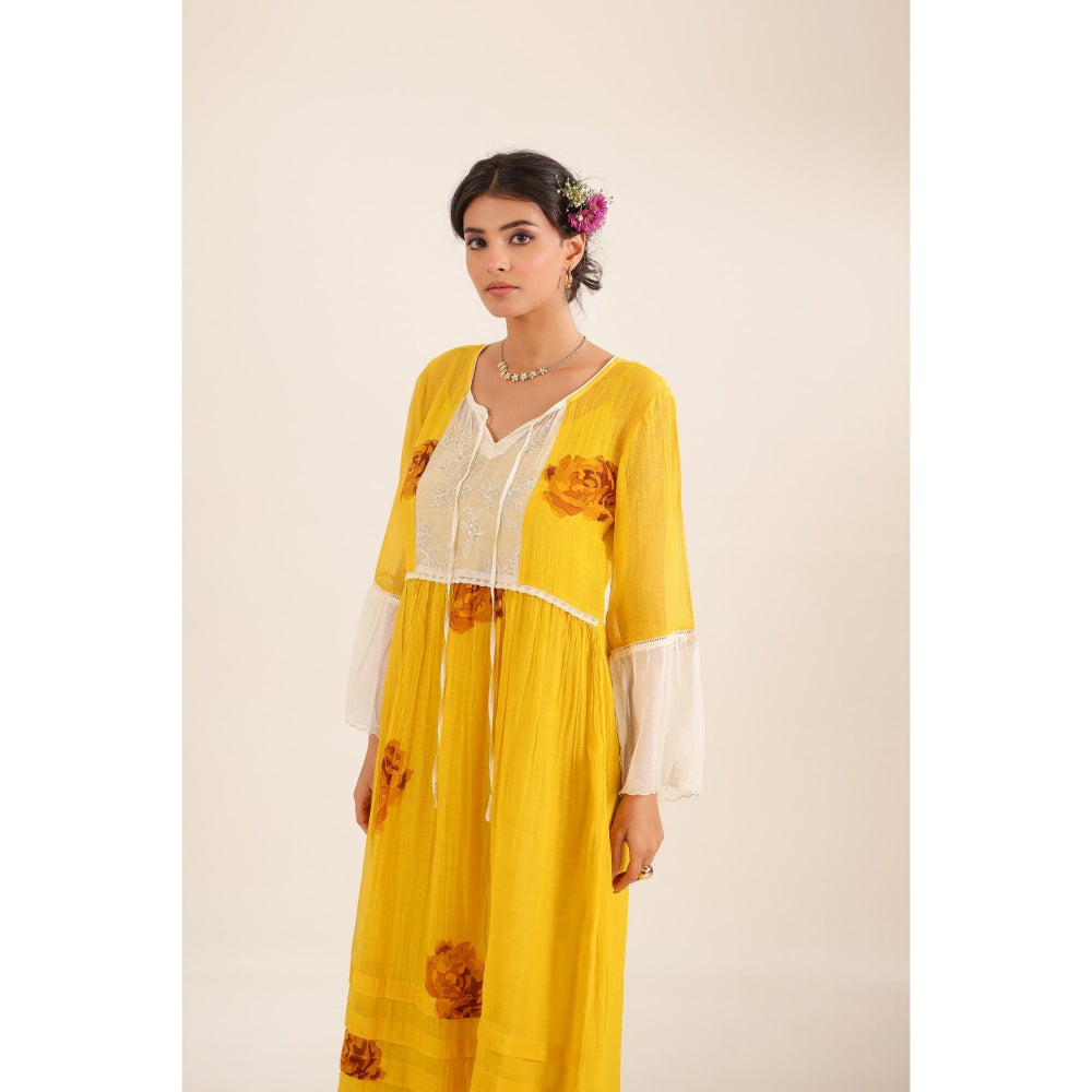 Tatwa Designs Women Mustard Chanderi Floral Midi Dress
