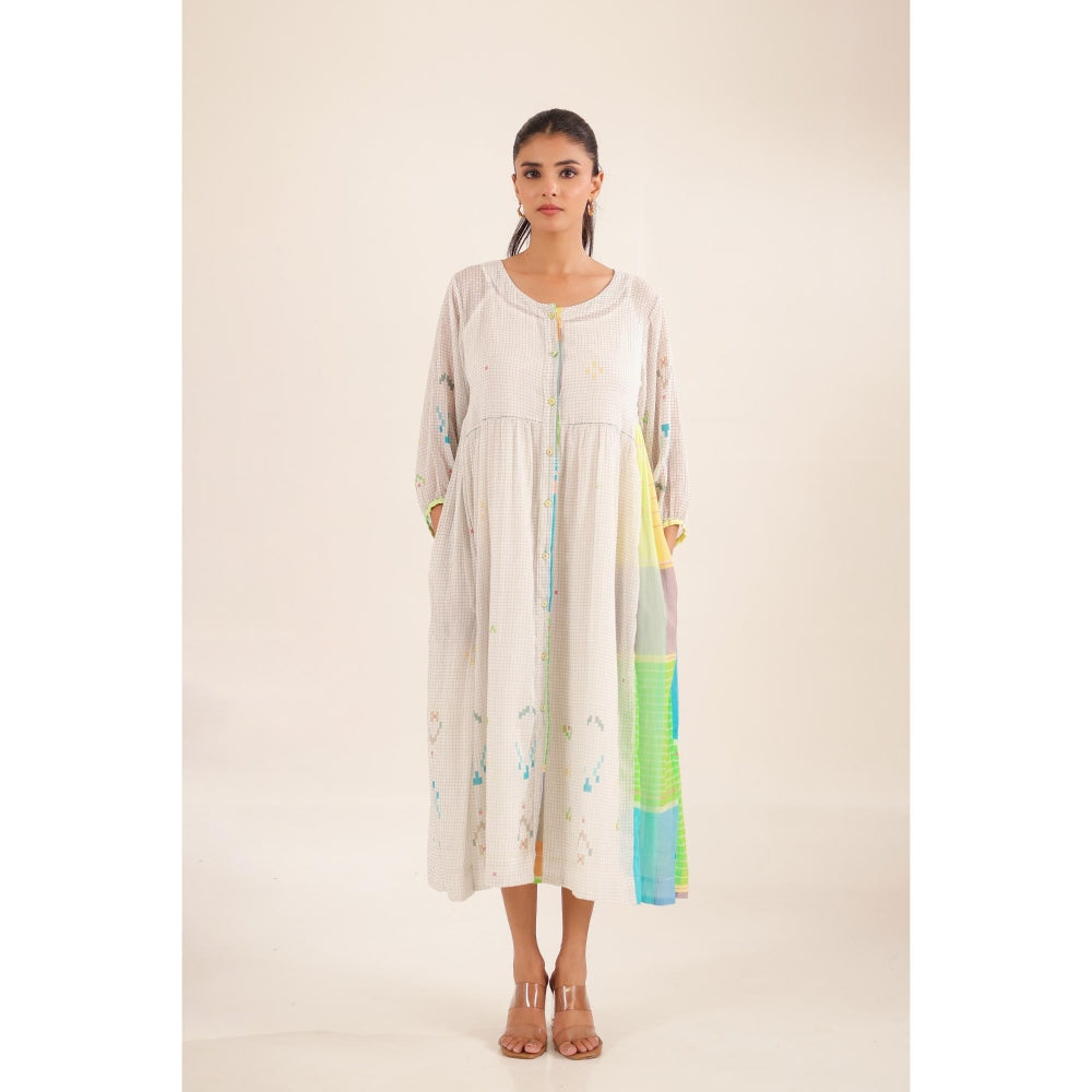Tatwa Designs Women White Cotton Checks Midi Dress