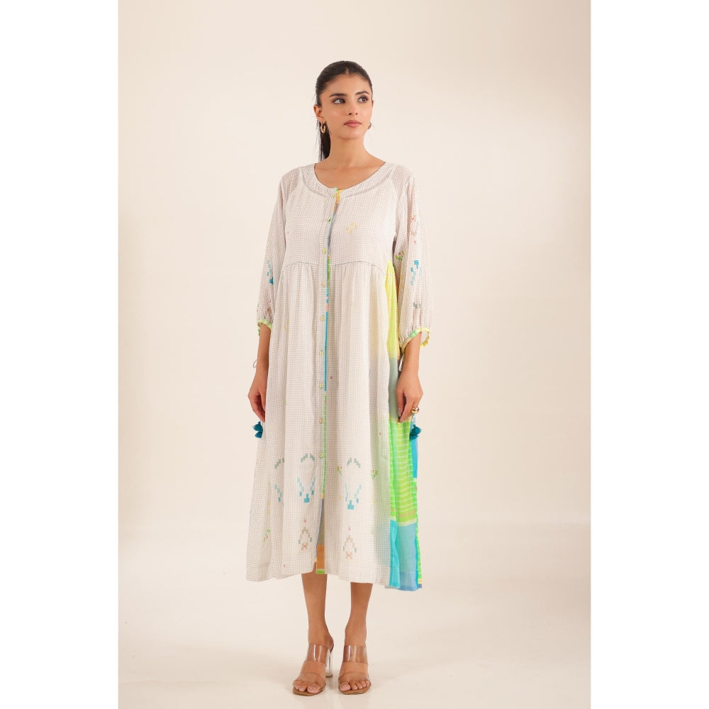 Tatwa Designs Women White Cotton Checks Midi Dress