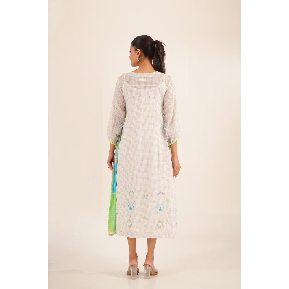 Tatwa Designs Women White Cotton Checks Midi Dress