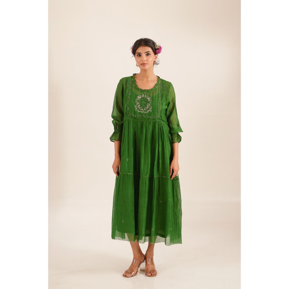 Tatwa Designs Women Green Chanderi Embroidered Midi Dress