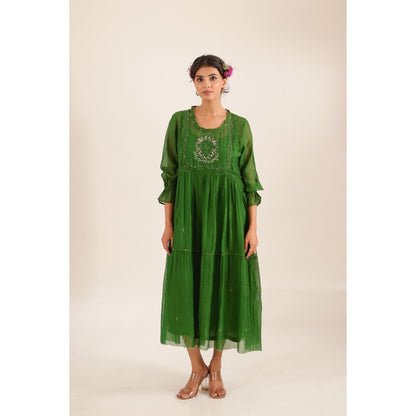Tatwa Designs Women Green Chanderi Embroidered Midi Dress