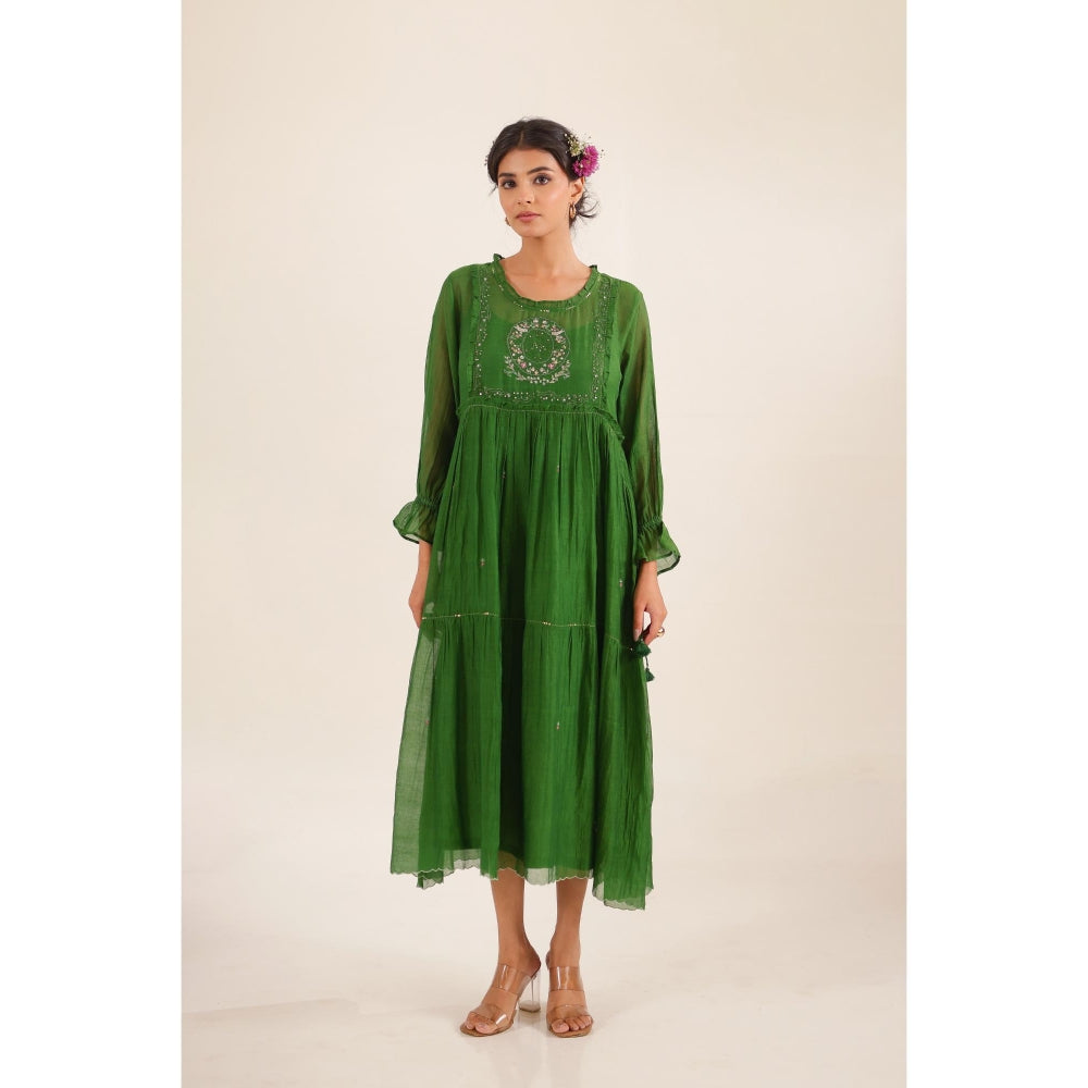 Tatwa Designs Women Green Chanderi Embroidered Midi Dress