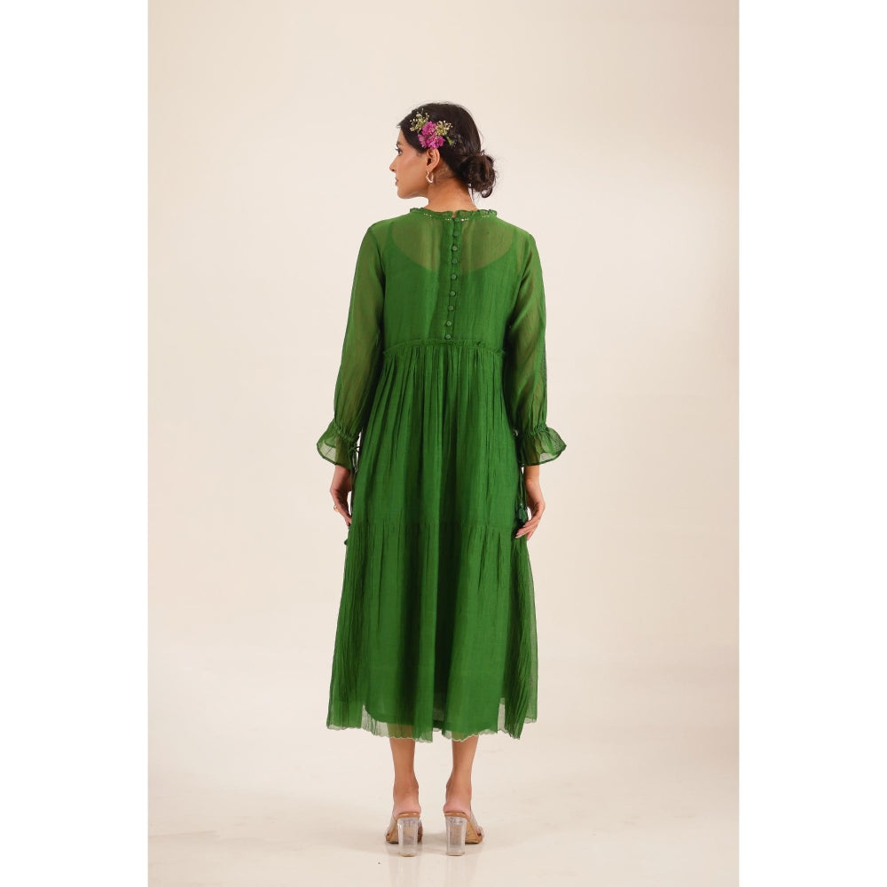 Tatwa Designs Women Green Chanderi Embroidered Midi Dress
