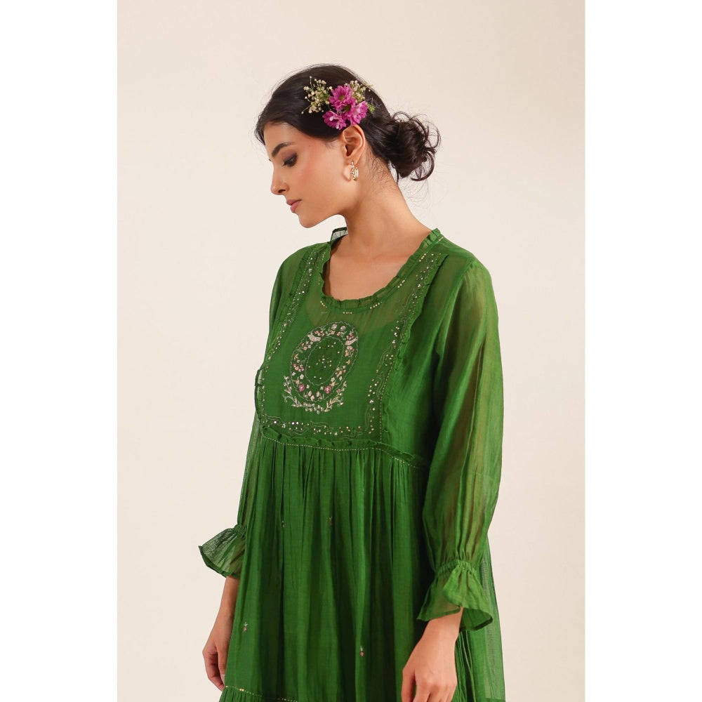 Tatwa Designs Women Green Chanderi Embroidered Midi Dress