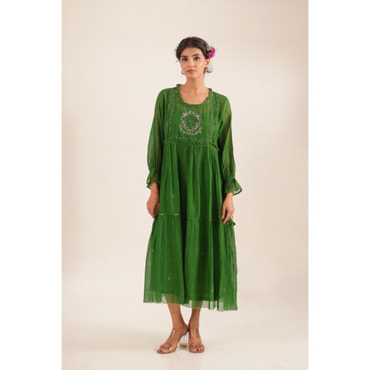 Tatwa Designs Women Green Chanderi Embroidered Midi Dress