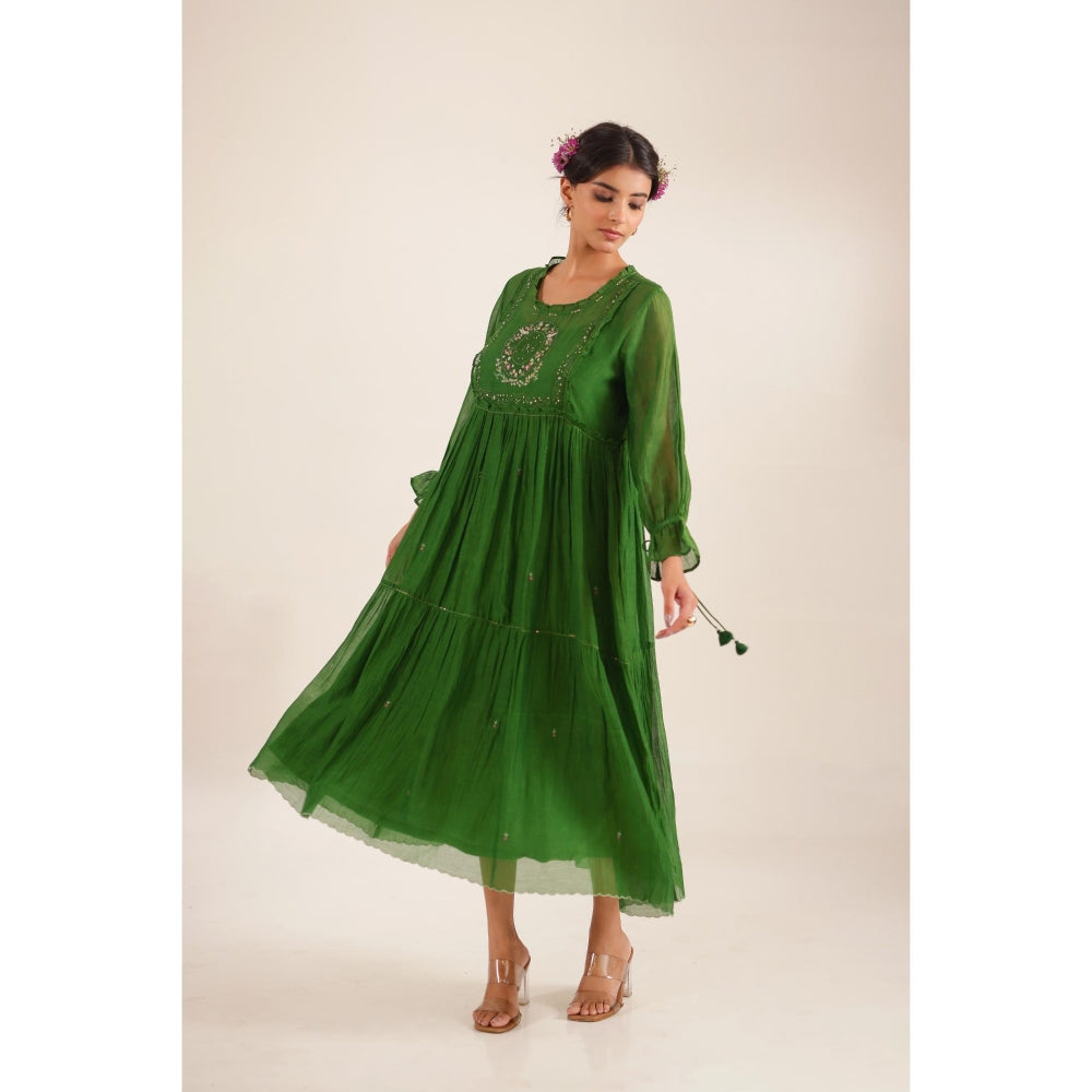 Tatwa Designs Women Green Chanderi Embroidered Midi Dress