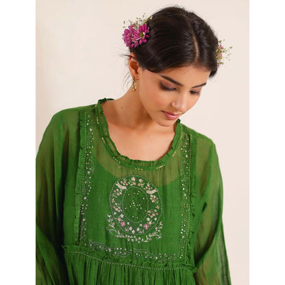 Tatwa Designs Women Green Chanderi Embroidered Midi Dress