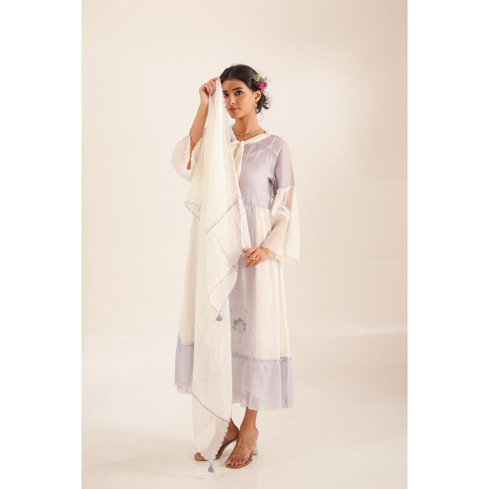 Tatwa Designs Women Lavender Cotton Embroidered Midi Dress With Dupatta